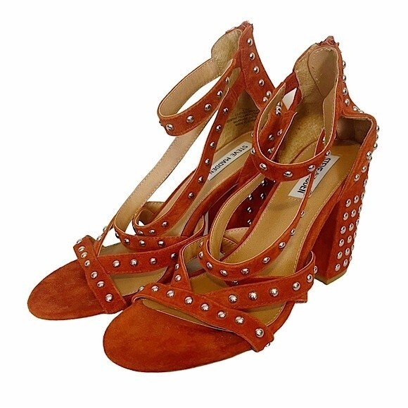 FARA-S Steve Madden Studded Rust Orange Suede Chunky Block Heel Strappy Sandal - Picture 4 of 15